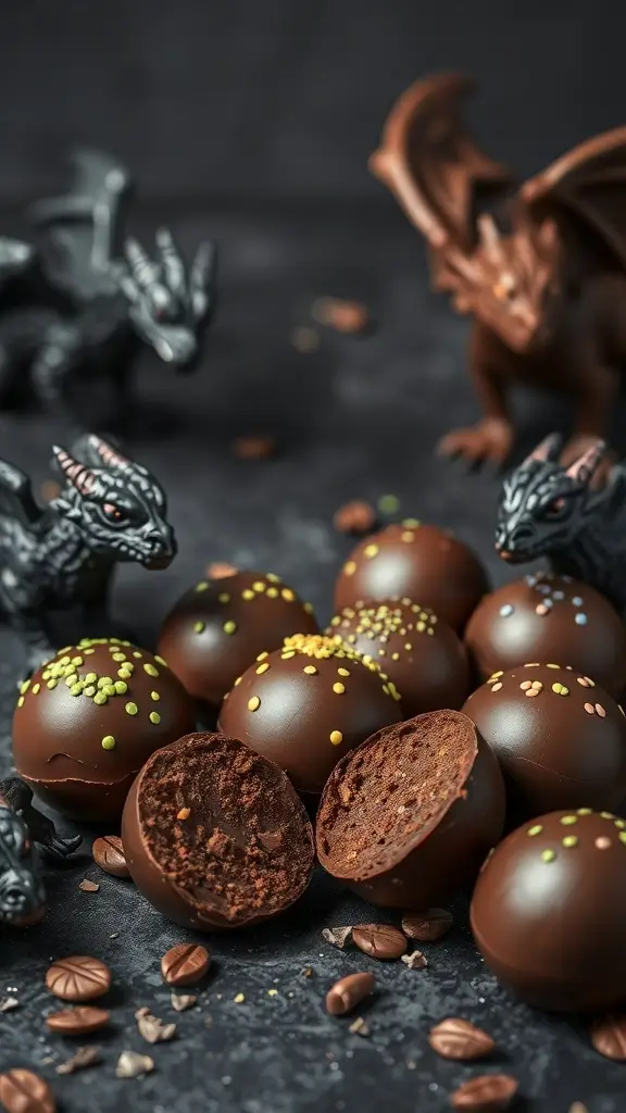 Chocolate Dragon Egg Truffles with colorful sprinkles and dragon figurines