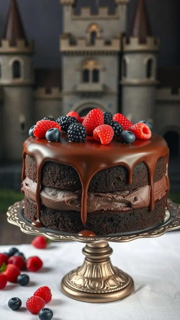 A beautifully decorated gluten-free chocolate cake topped with fresh berries, set against a castle backdrop.