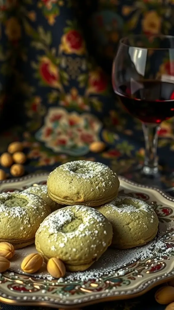 A plate of gluten-free pistachio cookies dusted with powdered sugar, with pistachios and a glass of red wine in the background.