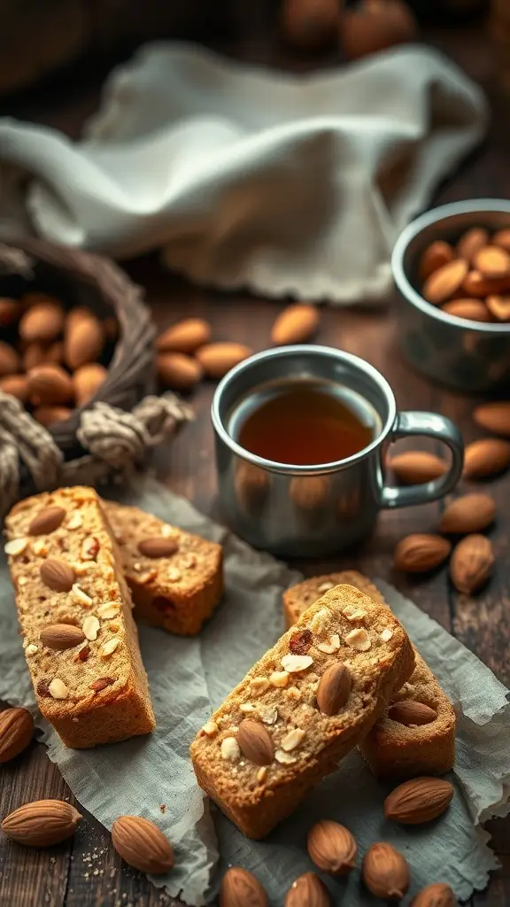 Gluten-free almond biscotti with whole almonds and a cup of tea