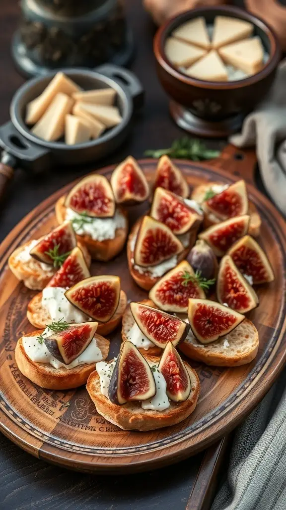 A platter of gluten-free fig and cheese crostini with fresh herbs.