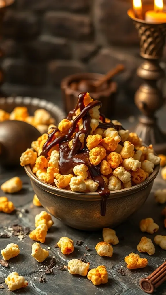 A bowl of caramel corn drizzled with chocolate, surrounded by scattered popcorn and candles.