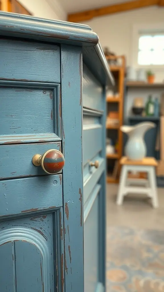 An artisan working on a vintage hand painted furniture piece in a workshop.