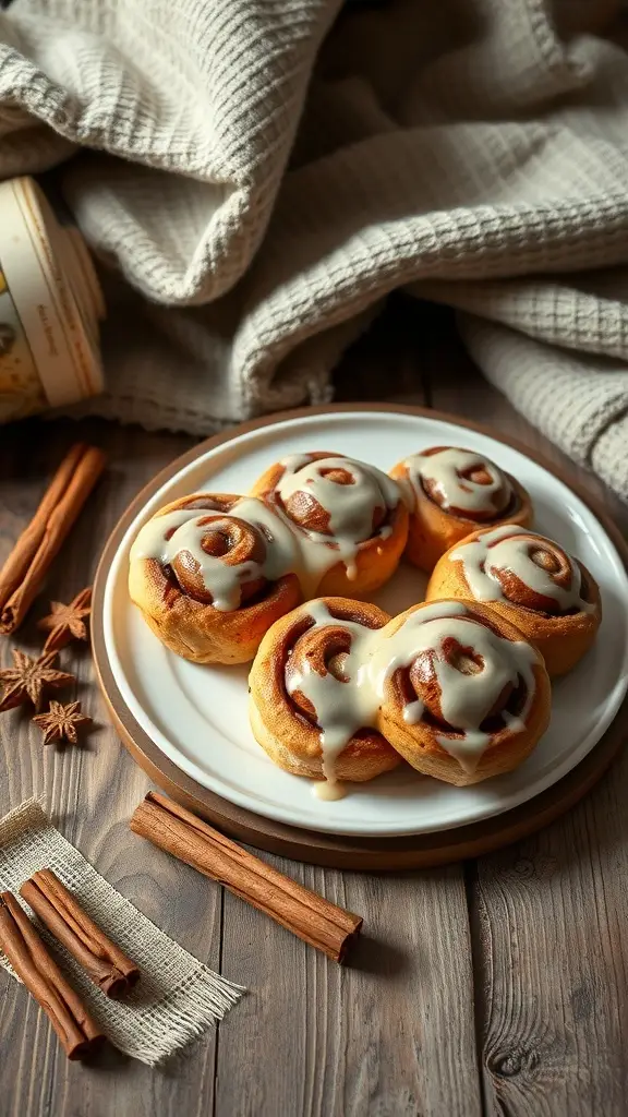 A plate of gluten-free cinnamon rolls topped with frosting, surrounded by cinnamon sticks.