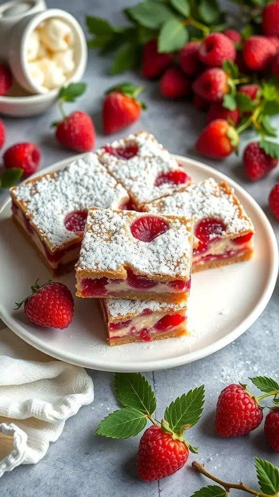 Gluten-free raspberry bars topped with powdered sugar, surrounded by fresh raspberries and green leaves.