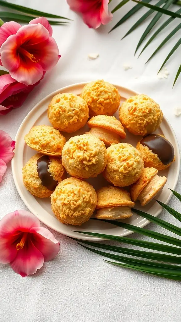 A plate of gluten-free coconut macaroons surrounded by flowers and greenery.
