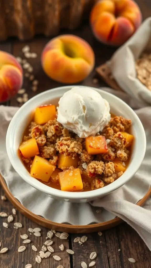 A bowl of gluten-free peach crisp topped with vanilla ice cream, surrounded by fresh peaches and oats.