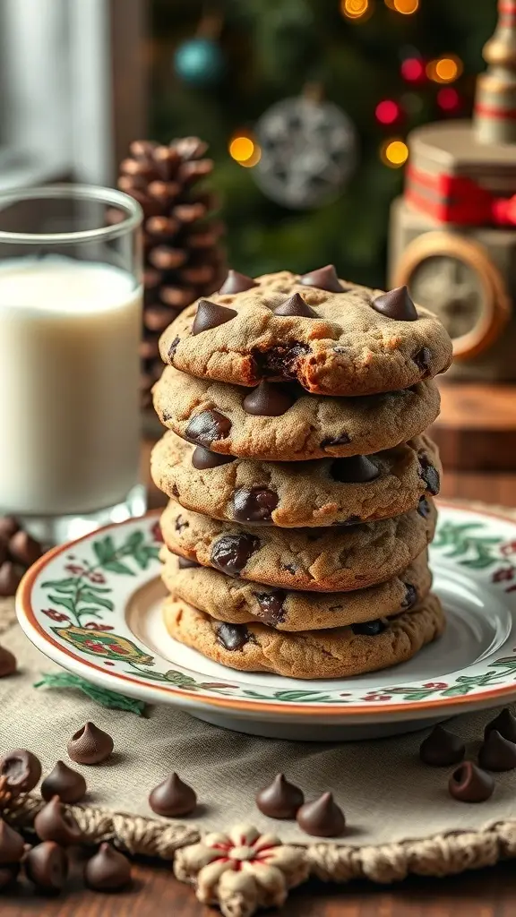 A stack of gluten-free chocolate chip cookies on a festive plate, with a glass of milk and holiday decorations in the background.