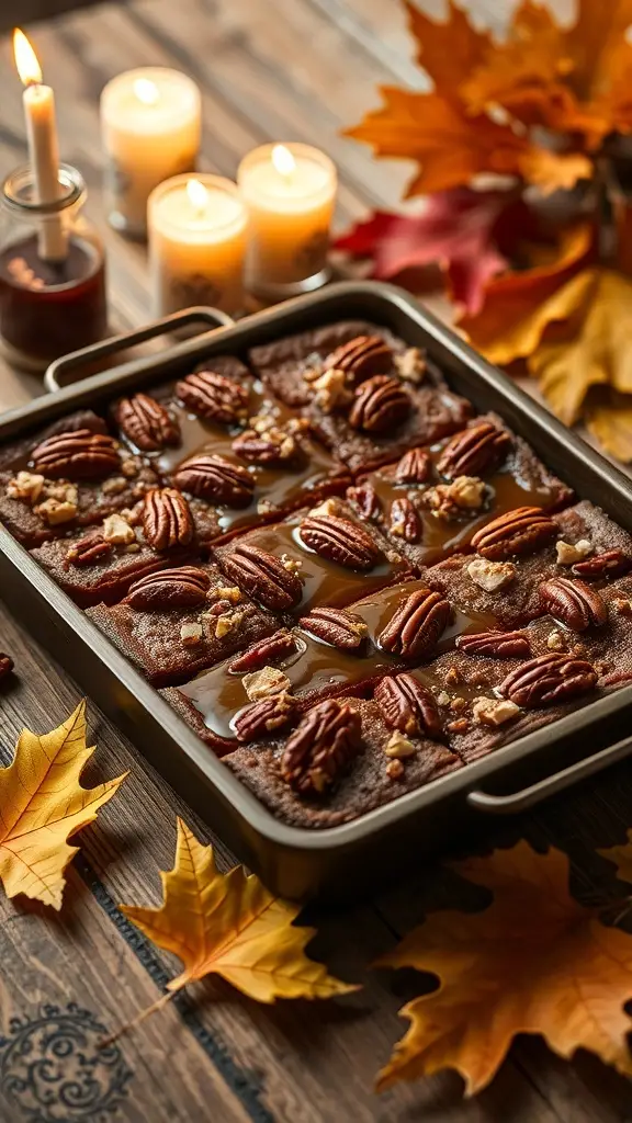 Gluten-free maple pecan bars on a wooden table surrounded by candles and autumn leaves.