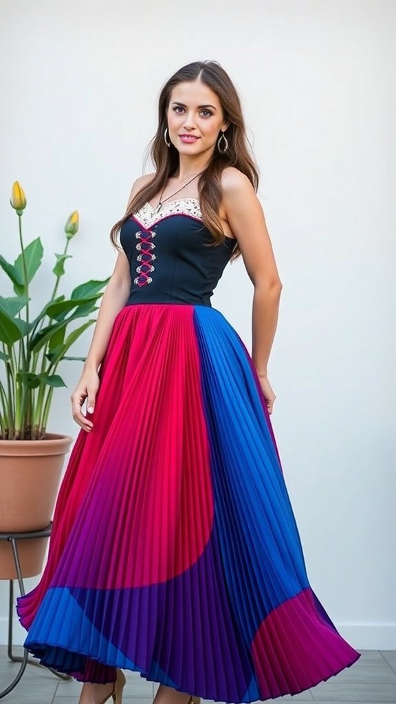 A collection of pleated skirts in bold colors: burgundy, orange, blue, and red.
