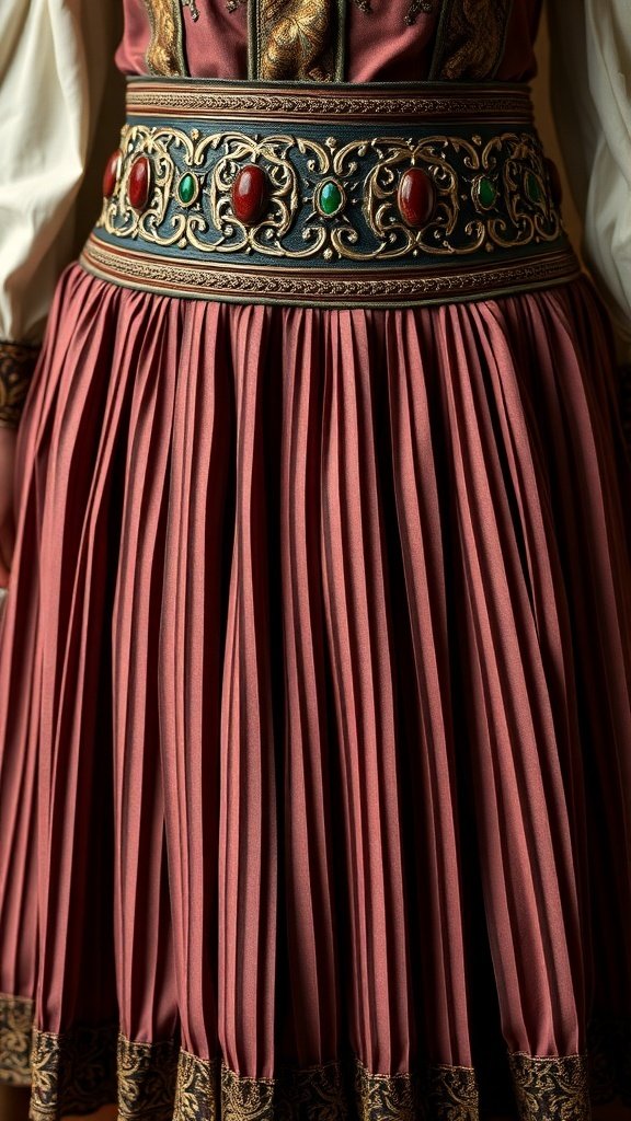 Close-up of a pleated skirt with an embellished waistband featuring intricate designs and colorful stones.