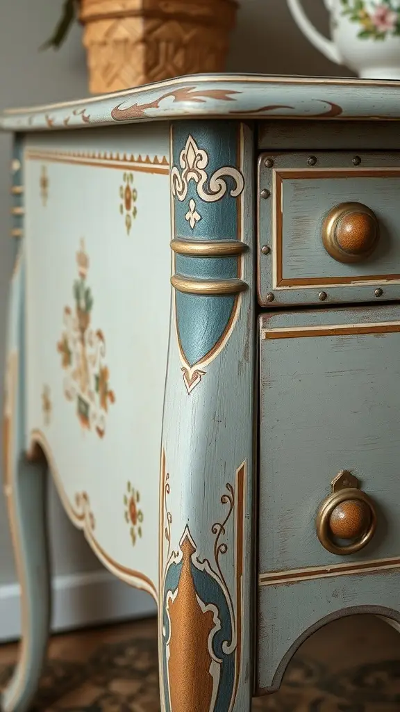 A timeline of vintage hand-painted furniture showcasing different styles from various years.