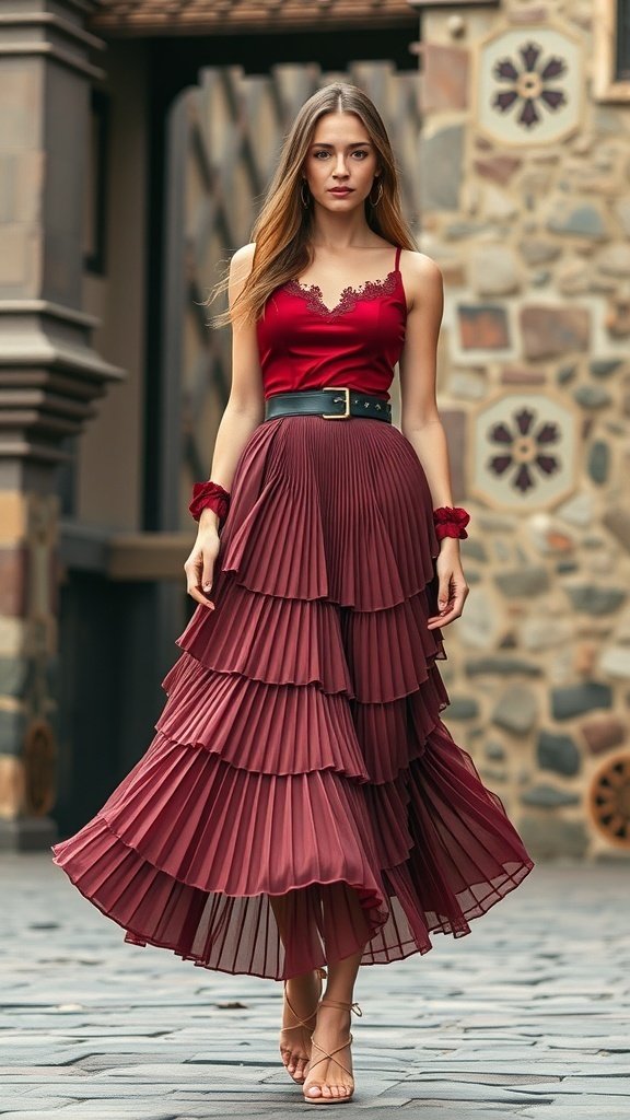A model wearing a layered burgundy pleated skirt and a fitted top, showcasing a stylish silhouette.