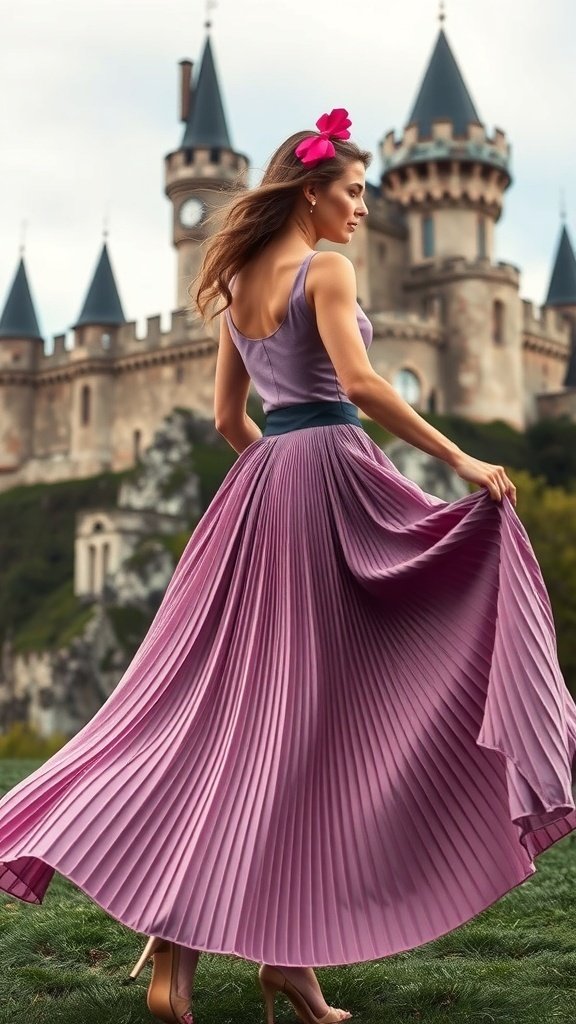 A woman wearing a long pleated skirt in front of a medieval castle.