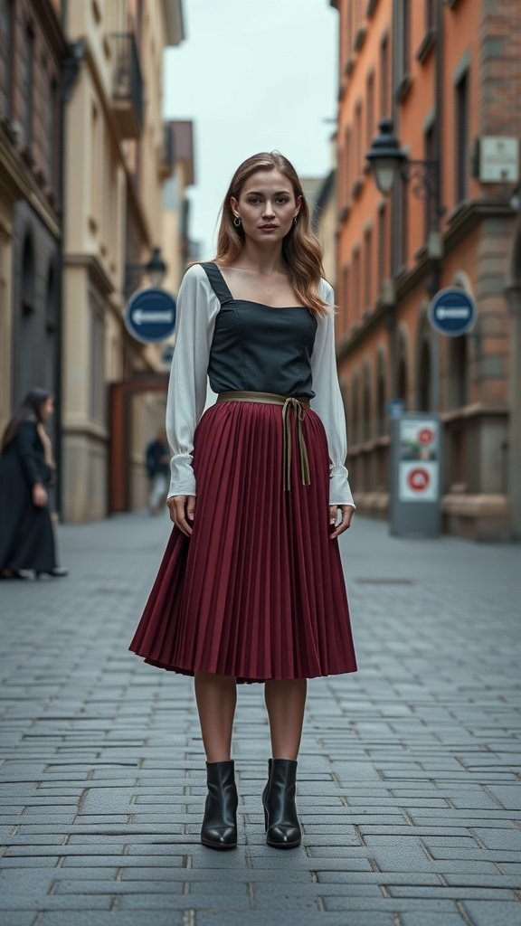 A fashionable individual wearing a burgundy pleated skirt and a fitted top, standing in a city street.