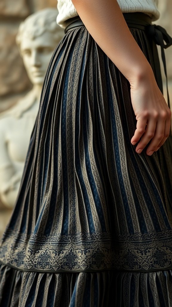 Close-up of a pleated skirt showing richly textured fabrics with a checkered pattern.