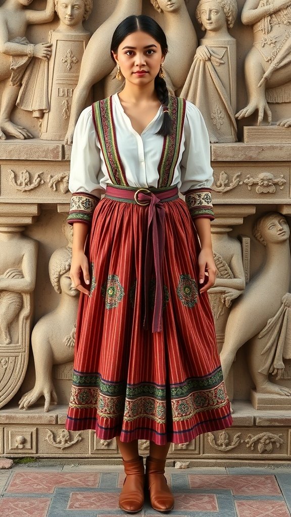 A display of pleated skirts inspired by medieval fashion, set against a backdrop of stone buildings and towers.