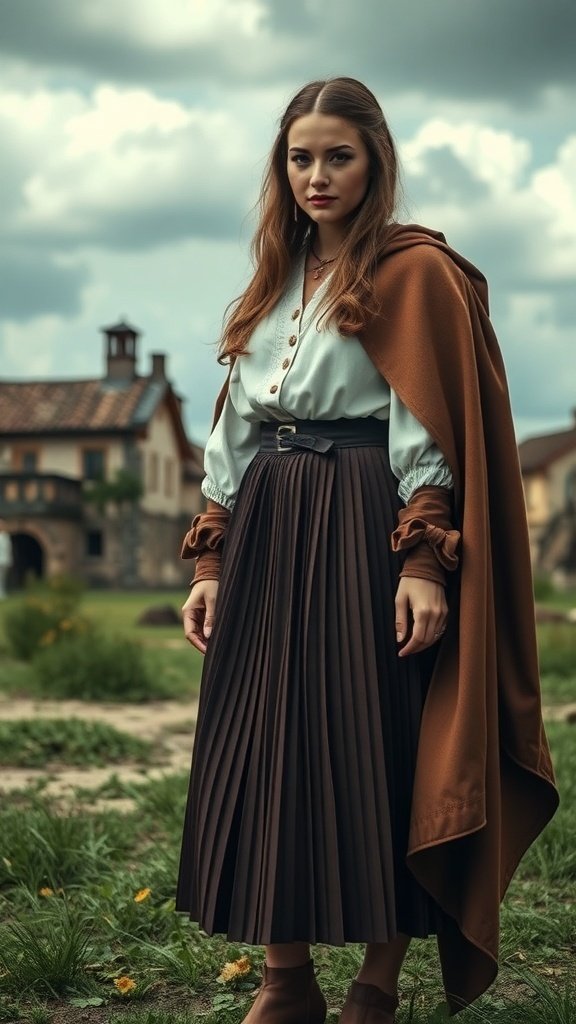 A woman wearing a pleated skirt and a brown cape, standing outdoors.