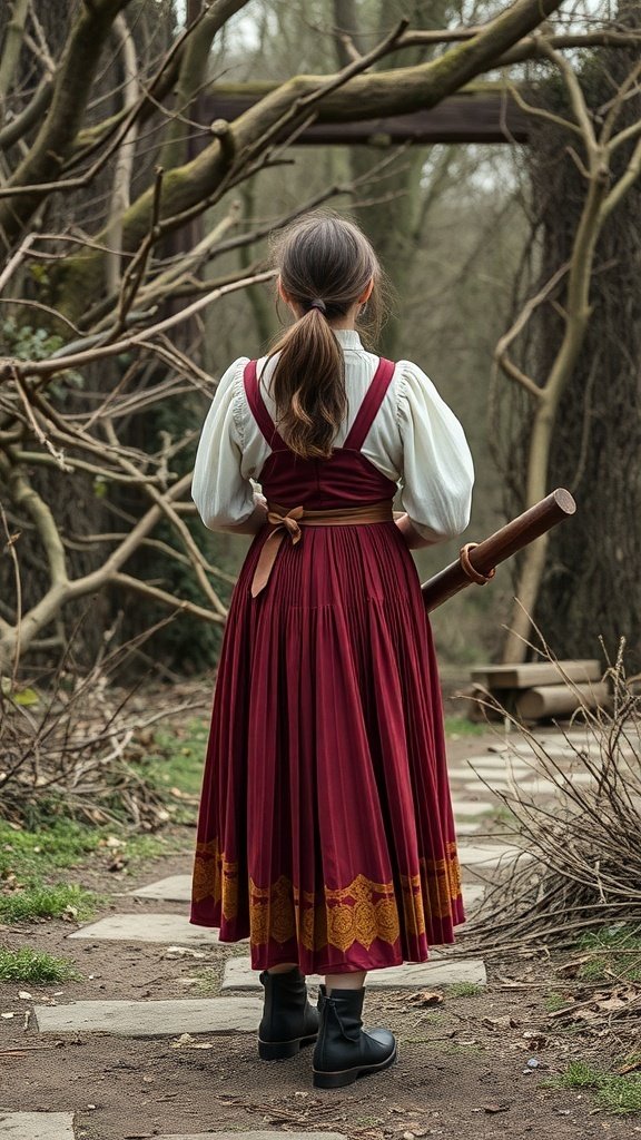 A person wearing a pleated skirt with a historical design, standing in a natural setting.