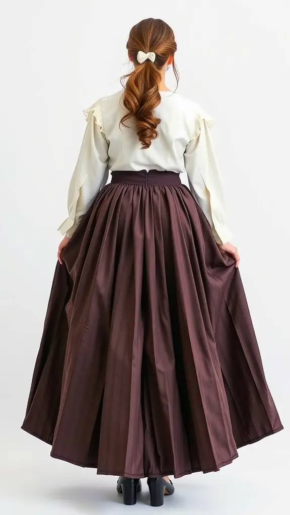 A woman wearing a long pleated skirt with a light blouse, showcasing versatile styling options.