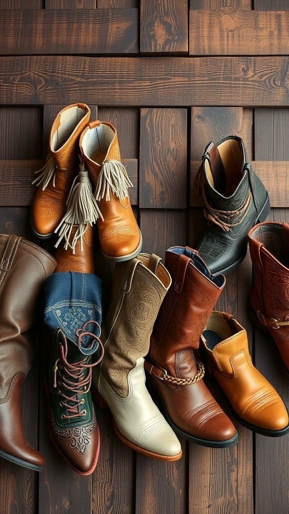 A variety of Boho boots in earthy tones and worn leather, showcasing different styles and designs.