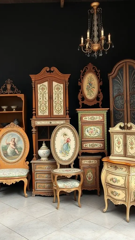 An array of vintage hand painted furniture featuring intricate designs and elegant forms.
