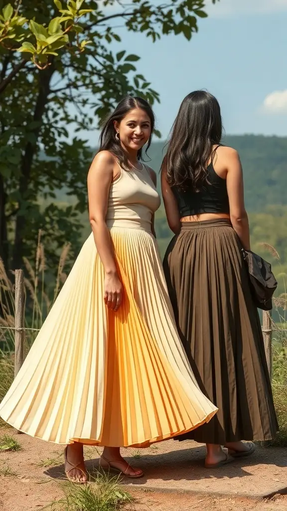 A collection of pleated skirts in various colors and styles, displayed outdoors in a natural setting.
