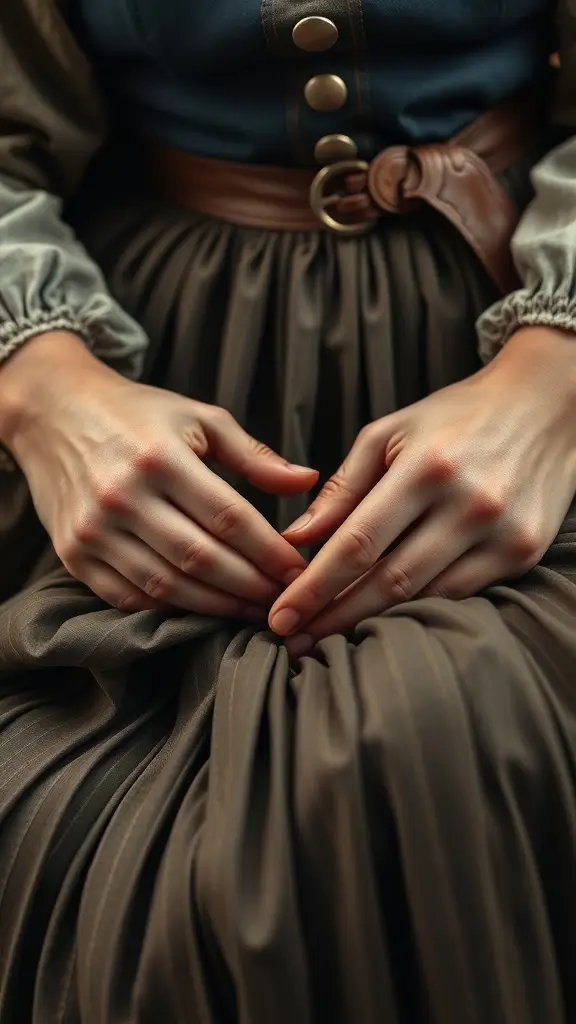 Close-up of hands working on a pleated skirt, showcasing artisan craftsmanship.