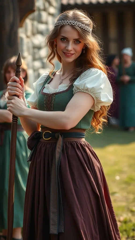 Participants in medieval attire with pleated skirts during a historical reenactment.