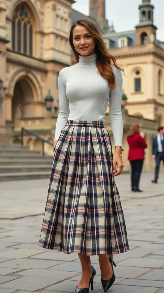 Two pleated skirts with check patterns, one in golden and navy, the other in red and navy, displayed against a stone background.