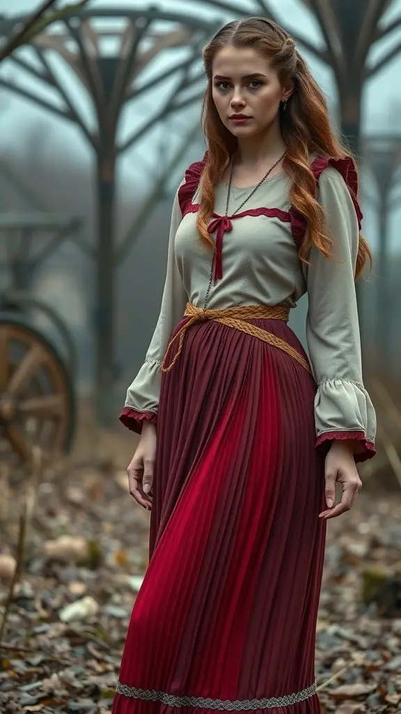 Women in medieval-inspired attire featuring pleated skirts, walking on a wooden path.