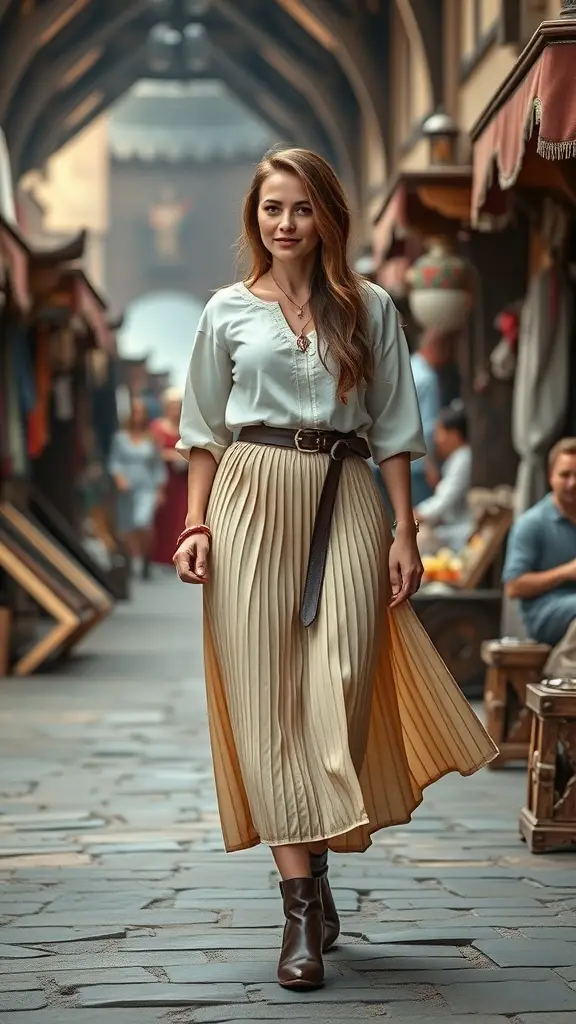 A woman in a pleated skirt walking through a medieval-inspired market.