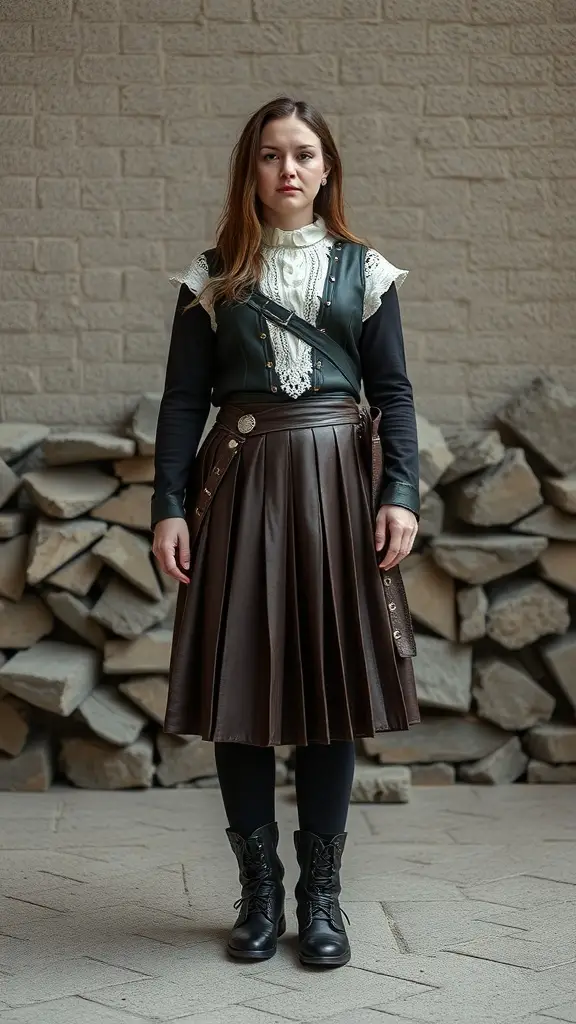 A woman wearing a pleated skirt inspired by the medieval era, paired with a fitted top and boots.