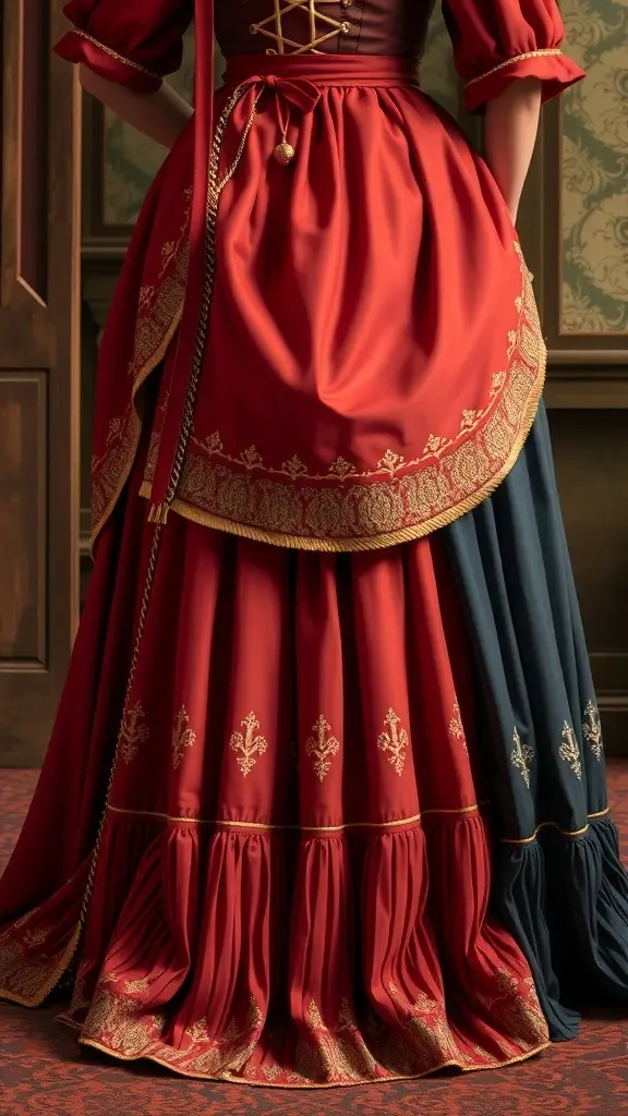 A close-up of a pleated skirt in red and blue with gold embroidery, inspired by medieval fashion.