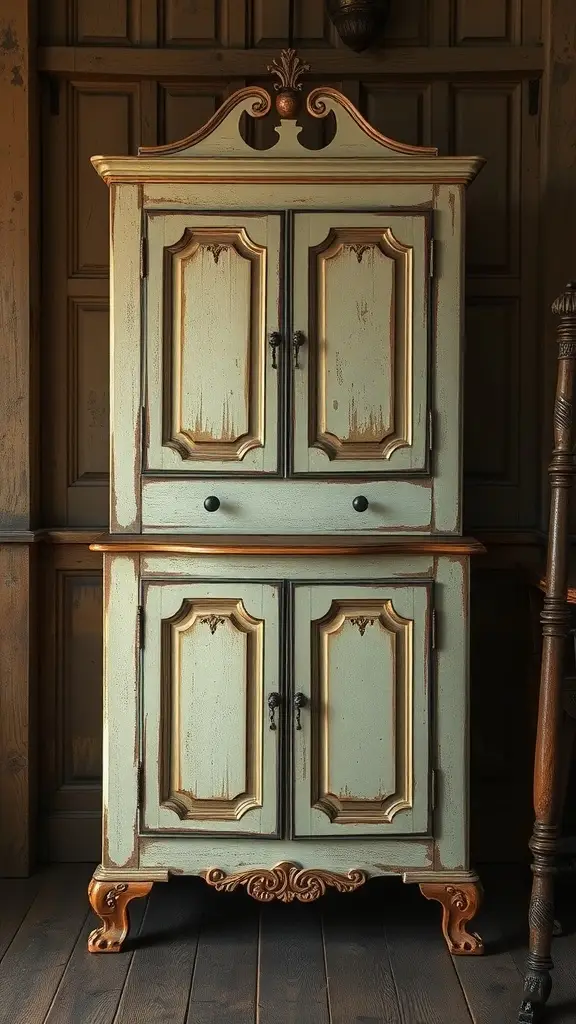 A vintage hand-painted cabinet with a distressed finish, featuring ornate details and a soft green color.