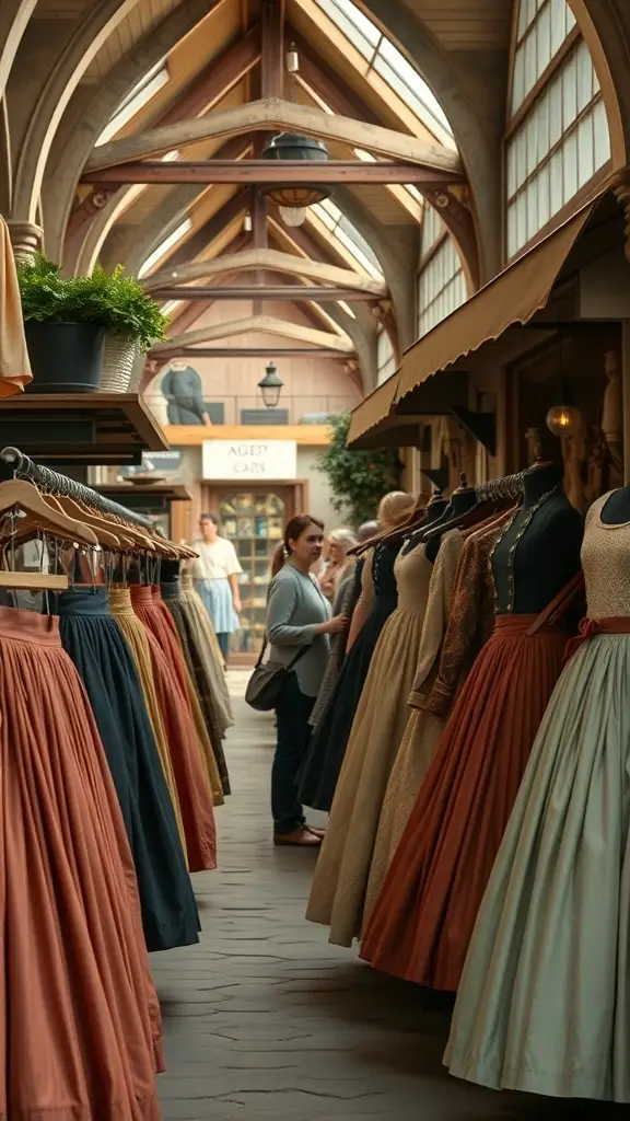 A vintage market showcasing pleated skirts in various colors, with shoppers browsing the stalls.