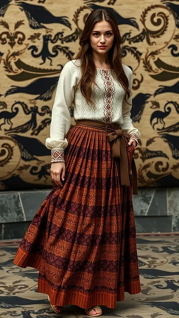 A medieval-inspired dress with a burgundy bodice and patterned pleated skirt, surrounded by various pleated skirts in different colors and designs.