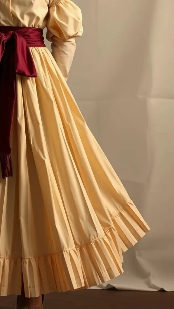A close-up view of a pleated skirt in soft yellow fabric, featuring a flowing design and a vibrant red sash.