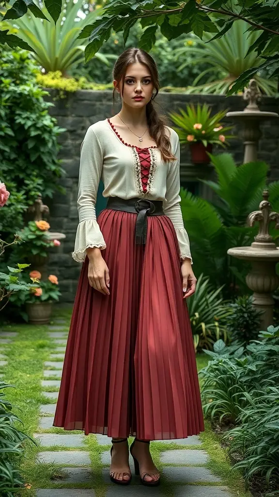 A young woman wearing a pleated skirt and a fitted top, standing in a garden.