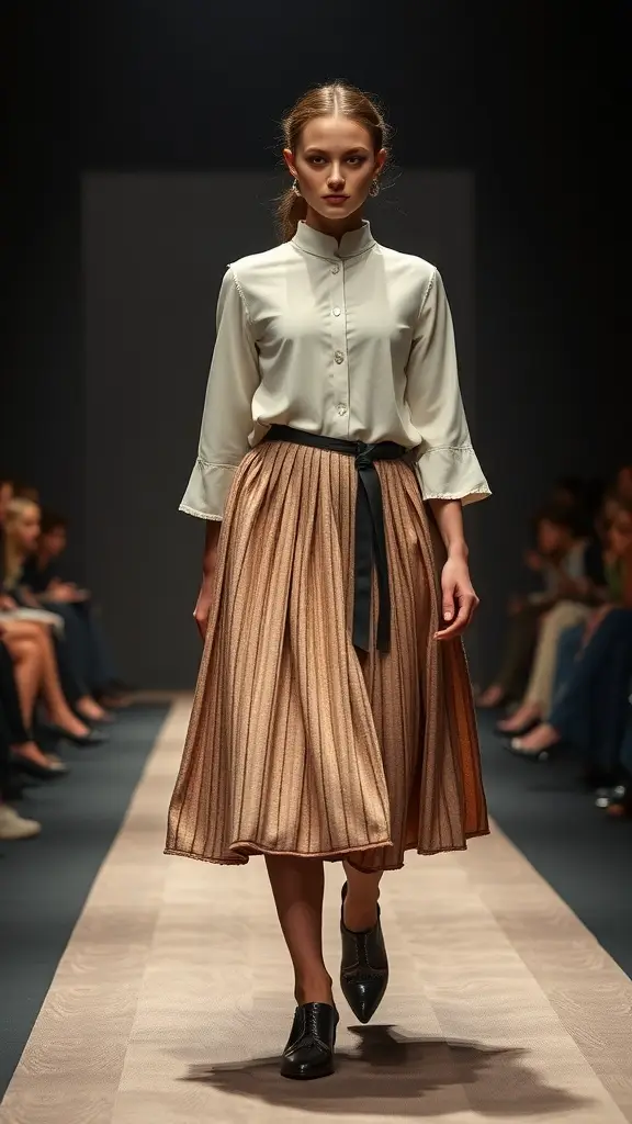 Model wearing a pleated skirt on the runway