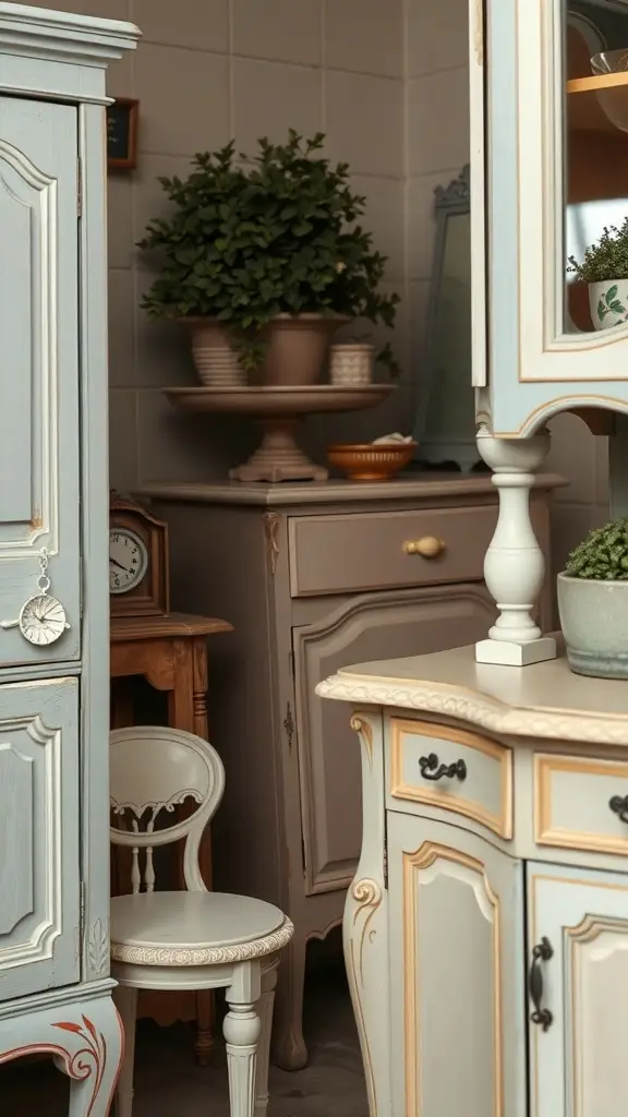A man in a suit examining a vintage hand-painted furniture piece in a cozy shop.