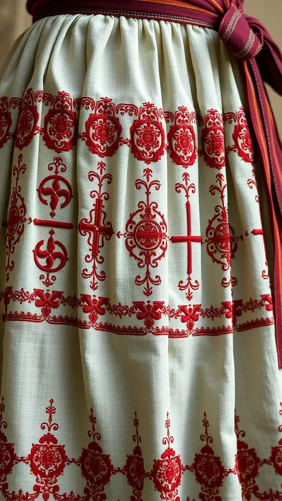 A close-up of a pleated skirt featuring intricate red embroidery on a light fabric.