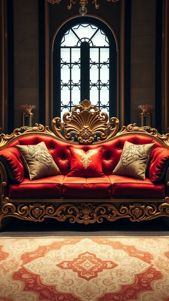 A luxurious couch with a lion motif, featuring rich red and gold colors, set against an elegant backdrop.