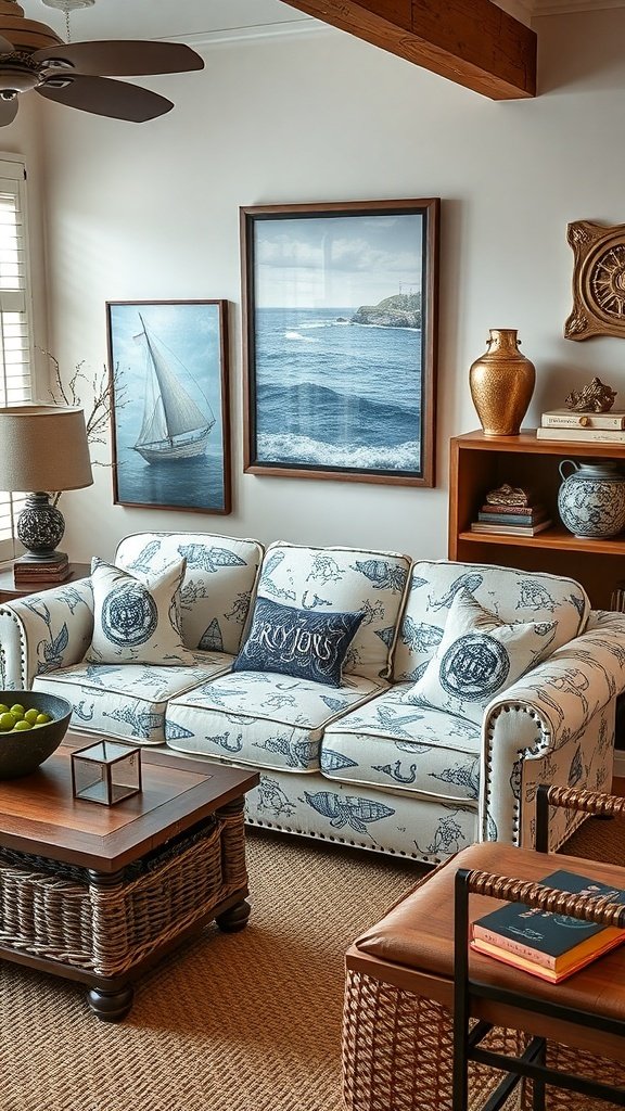 A nautical print couch inspired by the Greyjoy family from Game of Thrones, featuring sea-themed designs.