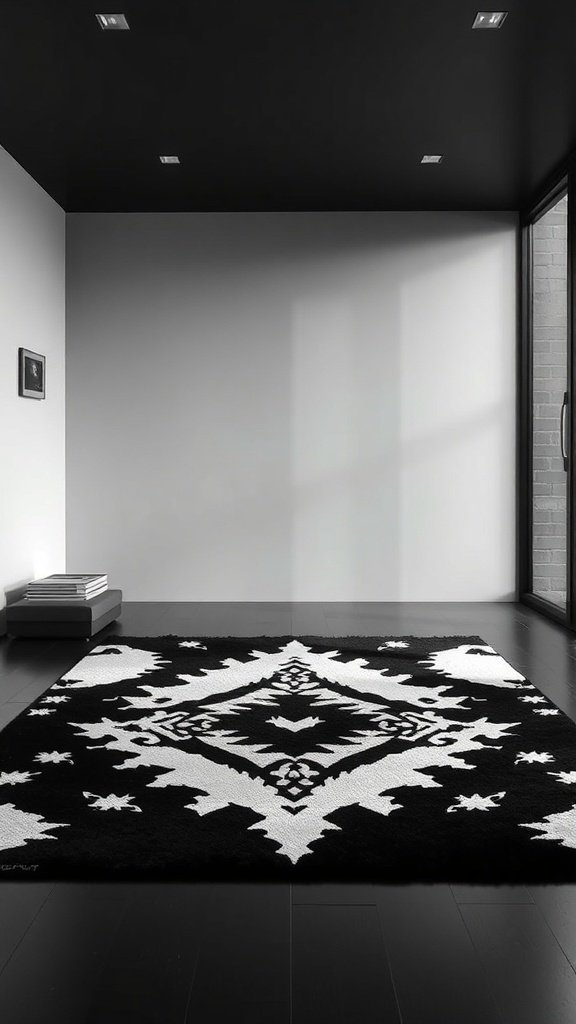 Black and white rug with geometric patterns in a modern room