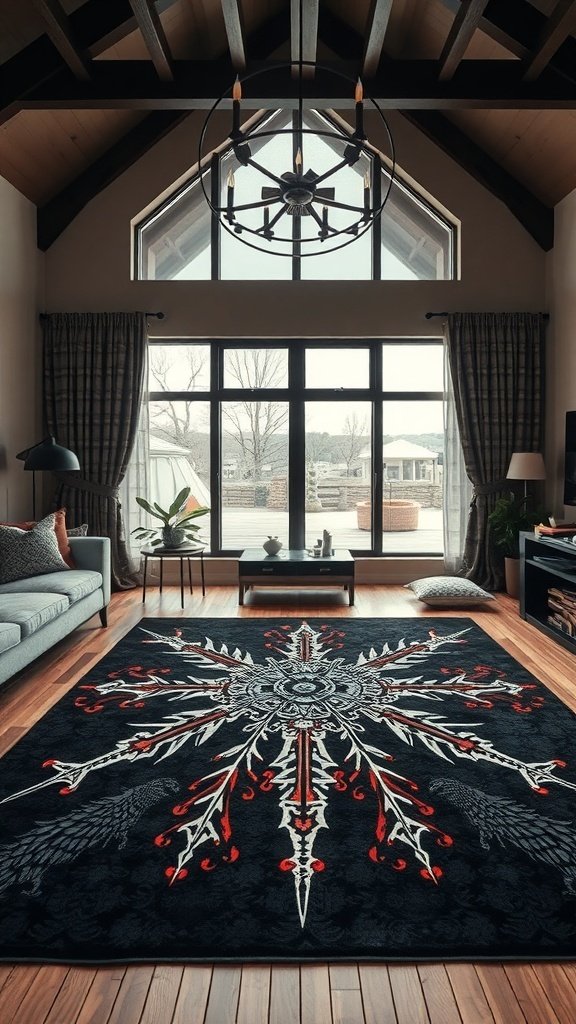 A stylish living room featuring a Targaryen Dragon Scale rug with a dragon motif on the wall.