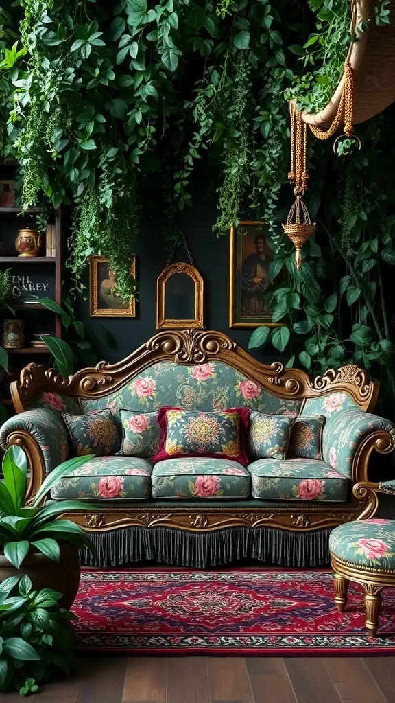 A floral couch with ornate wooden frame, surrounded by greenery and decorative elements.