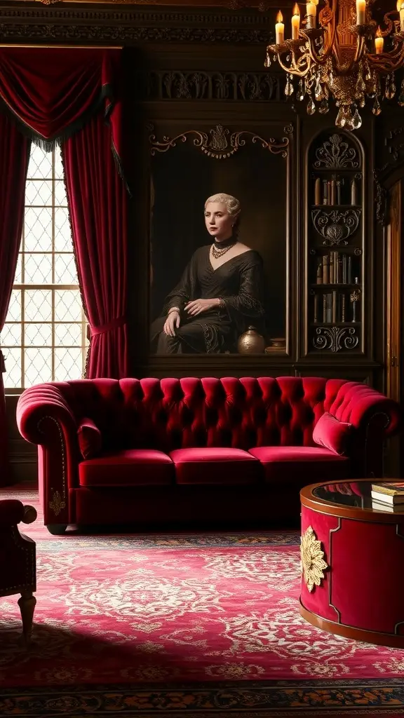 A luxurious red velvet couch with tufted design, inspired by Cersei Lannister from Game of Thrones.