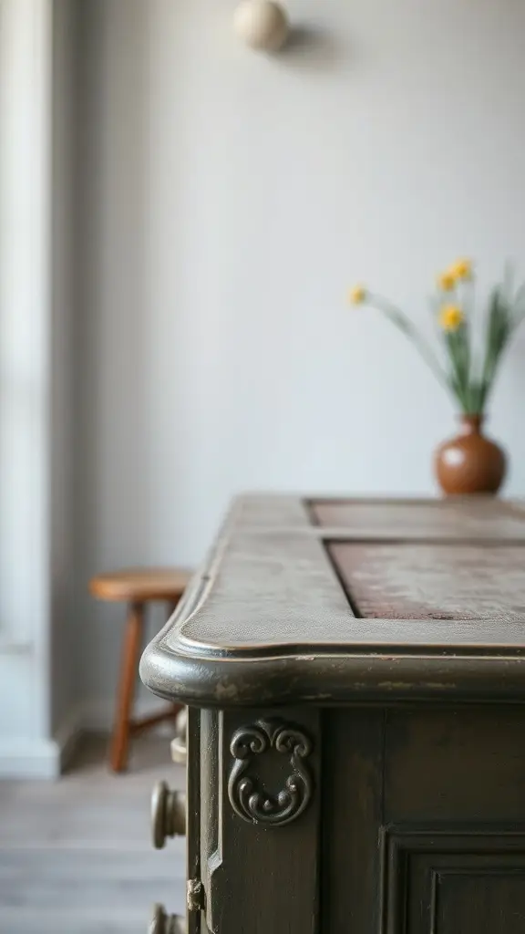 A craftsman working on a vintage dresser in a workshop, surrounded by tools and materials.