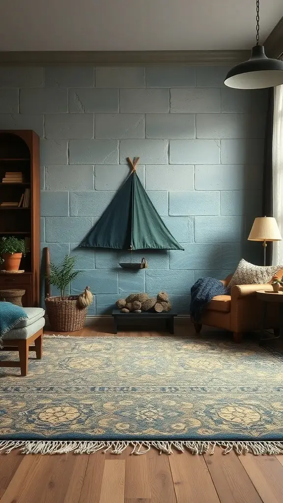 A cozy living room featuring an Iron Islands inspired textured rug with earthy tones.
